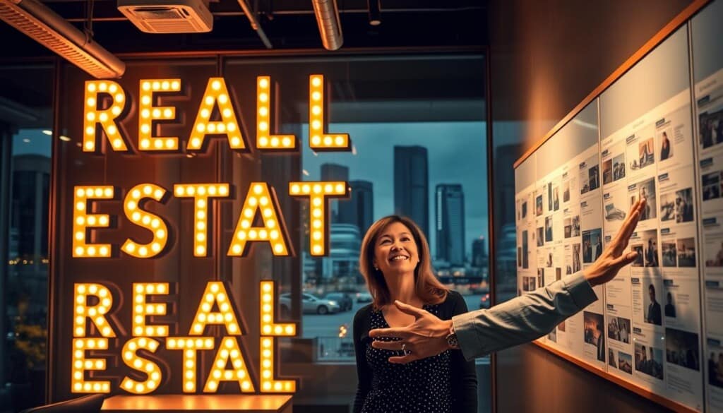A vibrant office space with a large "REAL ESTATE" sign glowing in neon lights, casting a warm glow across the scene. In the foreground, a smiling real estate broker enthusiastically welcoming a couple, their faces lit by the soft lighting. The broker gestures towards a wall of listings, highlighting the expertise and local knowledge they can offer. In the background, a cityscape of modern skyscrapers and bustling streets, conveying the broker's deep understanding of the local market. The overall atmosphere exudes professionalism, approachability, and the broker's role as a trusted guide in the real estate journey.