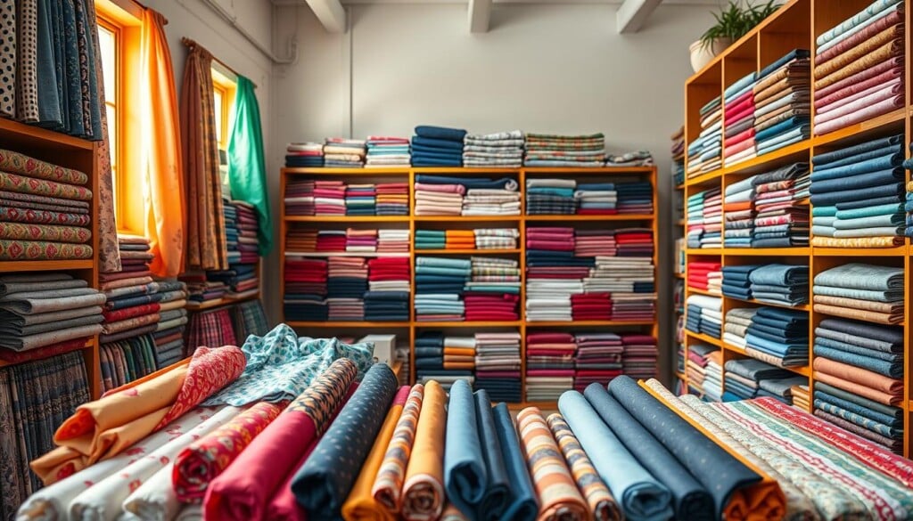 A vibrant online fabric store display with various textile options arranged neatly on wooden shelves. Warm, natural lighting from windows illuminates the diverse fabrics, ranging from delicate chiffons to sturdy denims. In the foreground, bolts of colorful patterns and textures beckon shoppers, while the middle ground showcases folded fabrics in a myriad of hues. The background features minimalist decor, allowing the fabrics to take center stage. The scene conveys a sense of curation and inspiration, inviting the viewer to explore the endless online fabric shopping possibilities.