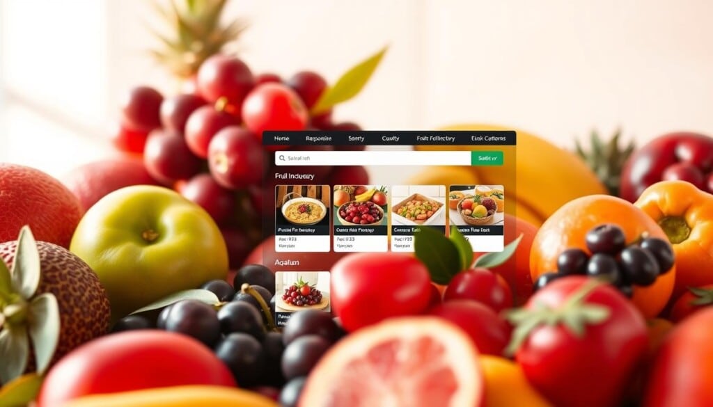 A vibrant online fruit basket directory with a clean, modern interface. The foreground features a selection of lush, ripe fruits in a stylish arrangement, casting warm, natural lighting. The middle ground showcases a sleek, responsive directory with intuitive navigation and high-quality images of various fruit basket options. The background subtly blends into a soft, pastel-toned gradient, creating a visually appealing and inviting atmosphere. The overall composition conveys a sense of freshness, quality, and user-friendliness, perfectly capturing the essence of finding the best local fruit basket shops.