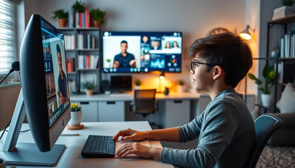 A vibrant online tutoring session taking place in a modern home office. The foreground features a young student intently engaged in a video call with their tutor, both illuminated by the soft glow of a desktop computer screen. The middle ground showcases an organized workspace with a tidy desk, inspiring bookshelves, and a large monitor displaying educational content. The background evokes a cozy atmosphere with warm lighting, houseplants, and personal touches, conveying a comfortable, productive, and tech-savvy environment conducive to effective remote learning.
