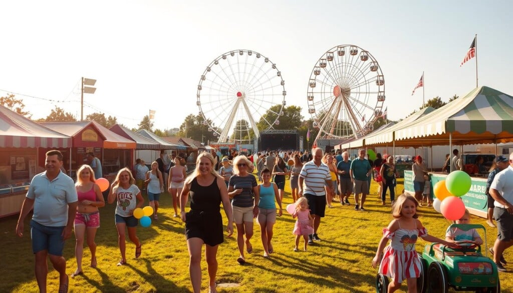 A vibrant outdoor scene of a family-friendly festival, bathed in warm afternoon sunlight. In the foreground, families stroll along packed grass pathways, children laughing as they play with colorful balloons and ride whimsical carnival rides. In the middle ground, quaint food stalls and craft vendor booths line the periphery, their awnings fluttering in a gentle breeze. In the background, a Ferris wheel and stage for live entertainment rise above the activity, creating a sense of festive anticipation. The atmosphere is one of joy and community, with people of all ages enjoying the lively sights, sounds, and flavors of a quintessential American summer festival.