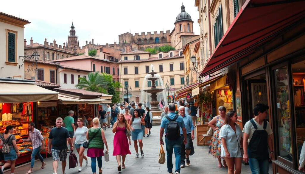 A vibrant outdoor scene of a lively town square, filled with people exploring local businesses and discovering unique discoveries. In the foreground, colorful storefronts and market stalls showcase an array of artisanal goods, handicrafts, and delectable local cuisine. Pedestrians stroll casually, pausing to peer into shop windows or converse with friendly merchants. The middle ground features a central fountain or landmark, casting a warm glow across the bustling activity. In the background, historic buildings and ancient architecture create a charming, timeless ambiance, hinting at the area's rich cultural heritage. Soft, diffused lighting filters through an overcast sky, lending a cozy, inviting atmosphere to the scene. The overall composition conveys a sense of community, discovery, and the delight of supporting local enterprises.