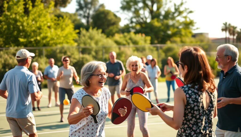 A vibrant pickleball community gathers on a sun-dappled outdoor court, players of all ages and skill levels engaged in lively games and friendly banter. In the foreground, a group of friends enthusiastically rally, their paddles and brightly colored balls creating a captivating choreography. The middle ground features a mix of seasoned veterans and newcomers, their faces alight with joy and camaraderie as they cheer each other on. In the background, a lush green landscape sets the scene, with trees and shrubbery providing a natural backdrop to this shared recreational experience. The lighting is warm and inviting, casting a golden glow over the entire scene and evoking a sense of community, belonging, and the pure enjoyment of the sport.