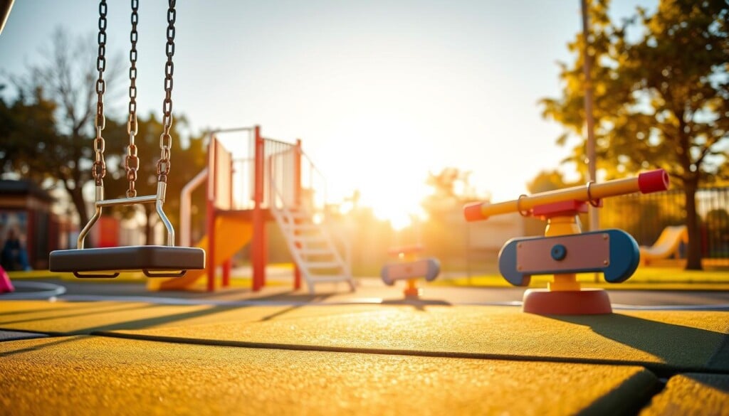 A vibrant playground scene showcasing various safety features. In the foreground, a modern swing set with soft rubber mats beneath, providing cushioned landings. In the middle ground, a climbing structure with sturdy rails and a padded base, ensuring secure ascent and descent. In the background, a colorful seesaw with shock-absorbing springs, inviting children to play safely. The scene is bathed in warm, golden sunlight, casting a welcoming glow and conveying a sense of joy and well-being. The overall composition highlights the careful consideration of safety elements in playground design, creating an inviting and secure environment for children to explore and have fun.