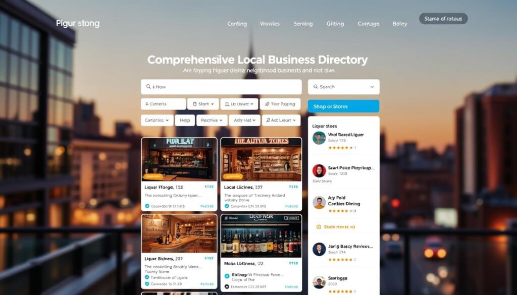 A vibrant, responsive web interface showcasing a comprehensive local online business directory for liquor stores. In the foreground, a modern, intuitive search bar and navigation menu enable seamless browsing and discovery of nearby liquor stores. The middle ground features a grid of liquor store listings, each with captivating imagery, detailed business information, and customer reviews. In the background, a gently blurred cityscape sets the scene, conveying a sense of community and local connectivity. The overall aesthetic is clean, visually appealing, and reflective of a user-centric platform that effortlessly connects consumers with their neighborhood liquor store options. Lighting is soft and natural, with a warm, inviting color palette. The camera angle is slightly elevated, providing an optimal overview of the directory's functionality and design.
