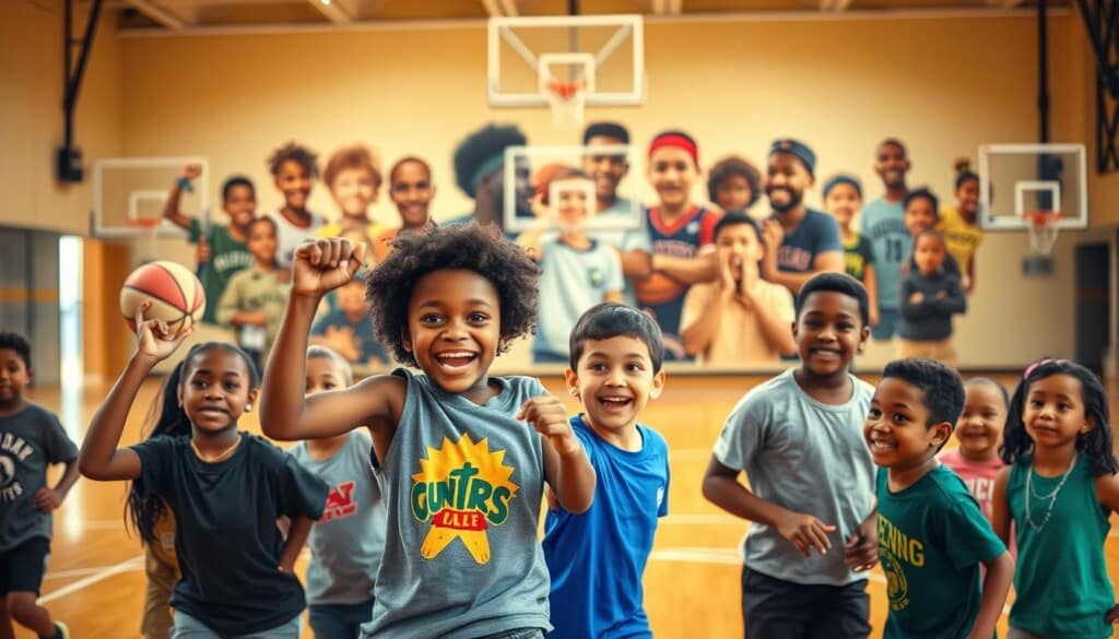 A vibrant scene depicting youth sports initiatives, captured in a warm, documentary-style photograph. In the foreground, a group of diverse children enthusiastically participate in a basketball game, their expressions full of joy and determination. The middle ground showcases a well-equipped sports facility, with modern equipment and a spacious court. In the background, the image is framed by a mural depicting inspirational sports icons, creating a sense of community and aspiration. The lighting is soft and natural, conveying a sense of inclusivity and empowerment. The overall composition and attention to detail capture the essence of the non-profit's key programs in an engaging and visually compelling manner.