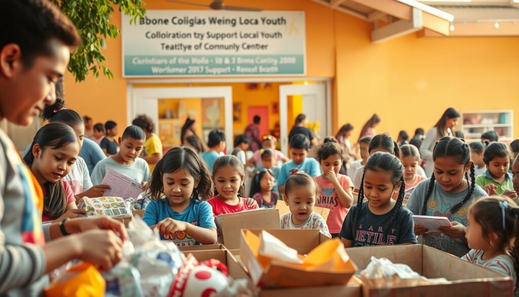 A vibrant scene of a bustling community center, filled with children engaged in various charitable activities. In the foreground, a group of young volunteers enthusiastically sorting and organizing donated supplies, their faces alight with purpose. In the middle ground, a diverse array of children participating in art workshops, reading stories, and playing educational games, fostering a sense of joy and learning. The background showcases a warm, sun-drenched exterior, with a welcoming entrance and signage highlighting the organization's mission to support local youth. Soft, diffused lighting illuminates the scene, creating a sense of comfort and inclusivity. The overall atmosphere conveys the spirit of collaborative community service and the transformative power of charitable giving.