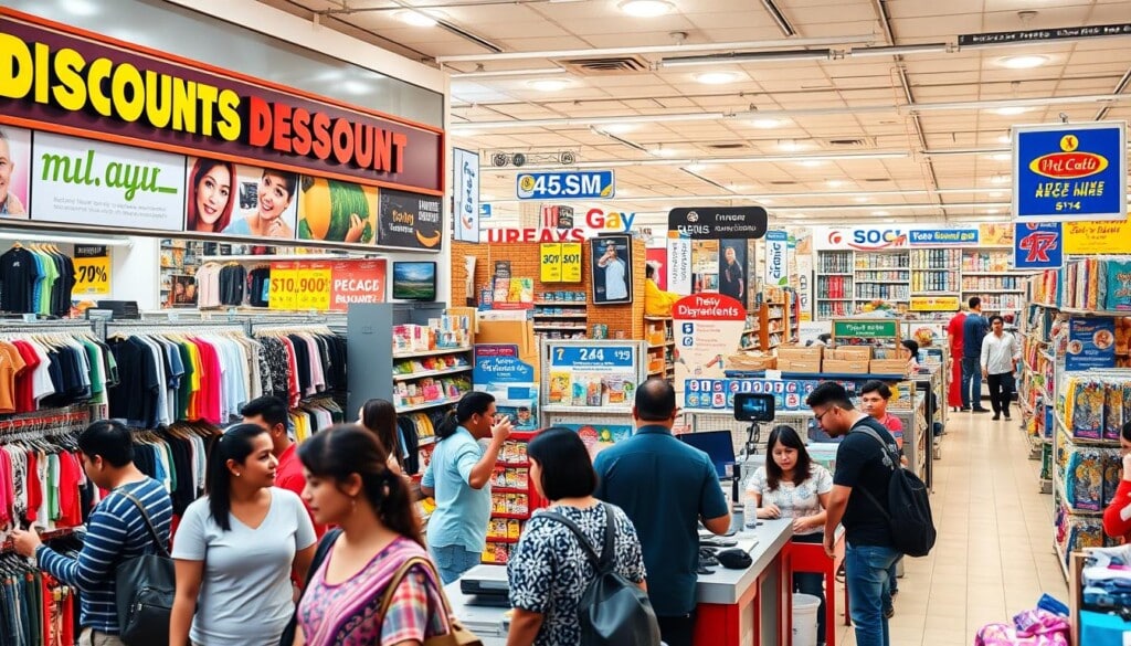 A vibrant scene of a bustling discount store, its facade adorned with colorful signage and eye-catching displays. In the foreground, shoppers browse through an array of discounted merchandise, from clothing and electronics to household goods. The middle ground features a well-stocked checkout area, with efficient cashiers assisting customers. In the background, a panoramic view of the store's interior showcases towering shelves, neatly organized aisles, and a welcoming atmosphere. The lighting is bright and warm, creating a sense of energy and excitement. The overall composition conveys the idea of a thriving local business, offering unbeatable savings and a pleasant shopping experience.