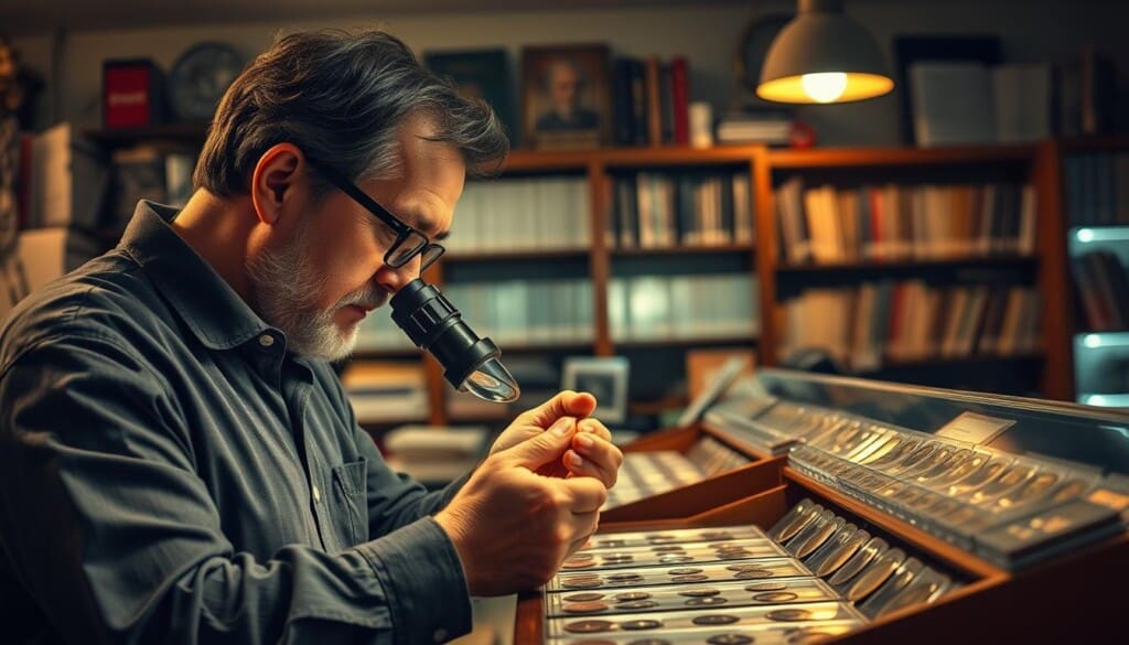 A vibrant scene of a coin dealer's workspace, illuminated by warm, soft lighting that casts a cozy ambiance. In the foreground, the dealer meticulously inspects a rare coin, examining it under a magnifying glass with a look of concentration. Rows of neatly organized coin cases line the middle ground, showcasing a diverse collection of numismatic treasures. In the background, a bookshelf filled with reference materials and a display case highlighting the dealer's expertise and professionalism. The overall atmosphere conveys the expertise, attention to detail, and passion of the local coin dealer, ready to guide customers through the process of buying and selling rare and valuable coins.