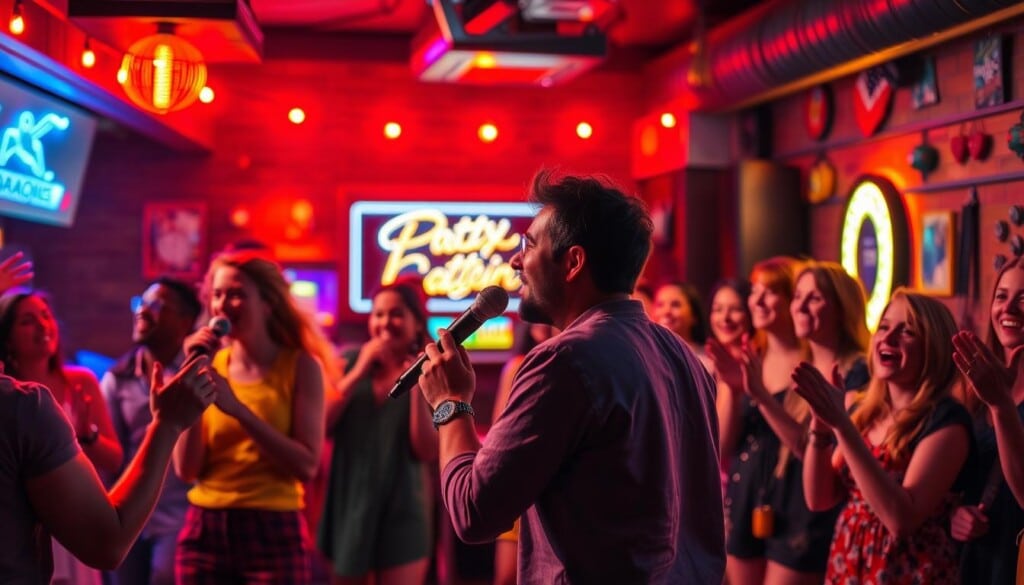 A vibrant scene of a local karaoke night, captured in vivid detail. In the foreground, a lively group of friends take the stage, microphones in hand, belting out a beloved tune under warm, theatrical lighting. The middle ground showcases an engaged audience, swaying and clapping along, their smiles and enthusiasm filling the cozy, intimate venue. In the background, a neon-lit bar and colorful decor set the mood, creating a welcoming atmosphere for a night of musical camaraderie and unbridled entertainment. Crisp, high-resolution photography, with a shallow depth of field, highlights the energy and camaraderie of this neighborhood karaoke event.
