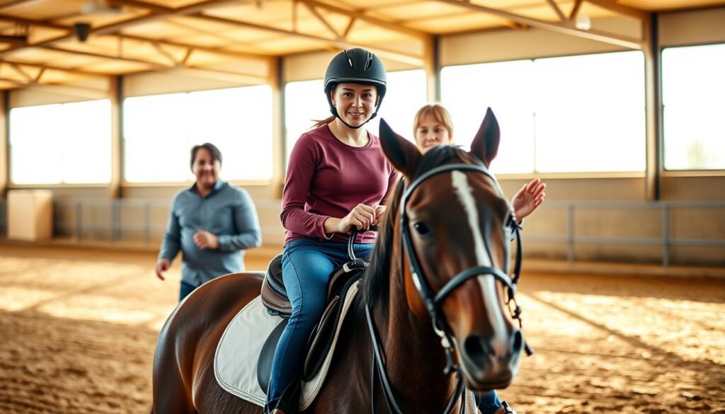 A vibrant scene of a riding lesson, captured with a wide-angle lens to showcase the dynamic setting. In the foreground, a beginner rider gracefully navigates their mount, their expression one of focused determination. The middle ground features an experienced instructor, gesturing with an air of patient guidance. The background depicts a well-equipped indoor arena, with sunlight filtering in through large windows, casting a warm, natural glow. The overall atmosphere conveys a sense of structured learning, where the rider is supported and encouraged to develop their equestrian skills.