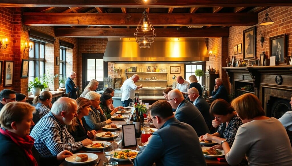A vibrant scene of community engagement in a cozy Irish restaurant, its wooden beams and brick walls bathed in warm, golden light. In the foreground, locals gathered around a long, communal table, sharing hearty meals and lively conversation. The middle ground features a bustling open kitchen, where chefs in crisp white uniforms skillfully prepare traditional Irish dishes. Beyond, the background showcases a charming, intimate atmosphere, with potted plants, vintage photographs, and a crackling fireplace adding to the inviting ambiance. The overall mood evokes a sense of togetherness, where the local community comes together to savor the flavors and atmosphere of a beloved neighborhood Irish eatery.