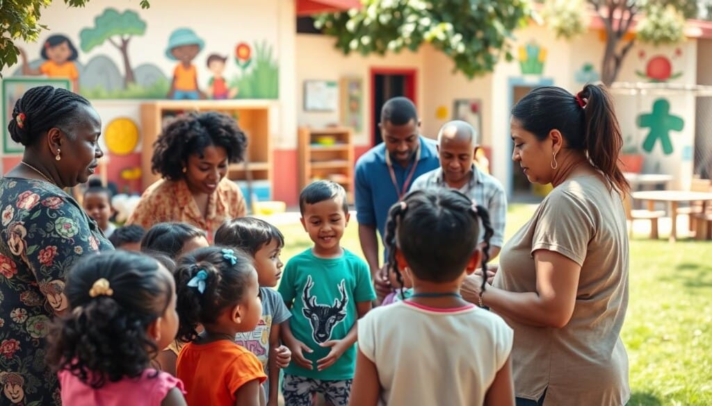 A vibrant scene of community engagement in an early education setting. In the foreground, a group of young children gathered around a teacher, engaged in a lively discussion or hands-on activity. The middle ground features parents and community members interacting with the children, sharing their knowledge and experiences. In the background, a warm, inviting preschool building with colorful murals and an outdoor play area, all bathed in the soft, natural light of a sunny day. The overall atmosphere conveys a sense of inclusion, learning, and the active involvement of the local community in nurturing the growth and development of young minds.