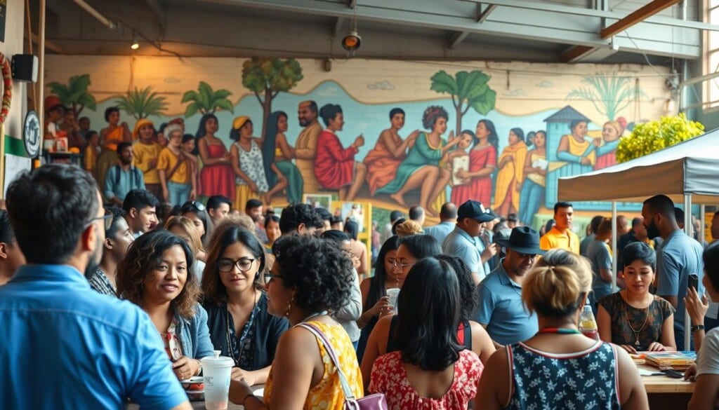 A vibrant scene of community engagement, with local organizations coming together to support the local economy. In the foreground, a diverse group of people collaborate at a bustling town hall meeting, discussing initiatives to uplift small businesses. In the middle ground, local entrepreneurs showcase their wares at an outdoor market, surrounded by engaged citizens browsing the stalls. In the background, a mural depicting the community's rich cultural heritage serves as a backdrop, illuminated by warm, natural lighting. The overall atmosphere conveys a sense of unity, progress, and a commitment to fostering a thriving local economy.