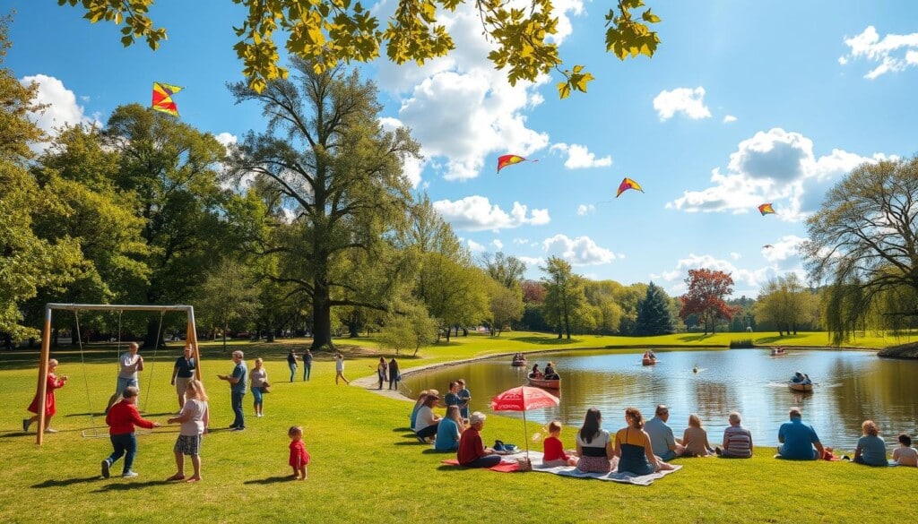 A vibrant scene of seasonal activities in a lush, verdant park. In the foreground, families engaged in various outdoor pursuits - children playing on a swing set, adults flying colorful kites, and groups of friends having a picnic on the grassy knoll. The middle ground features a picturesque pond, with people paddling in rowboats and skipping stones across the calm, reflective surface. In the background, towering trees and a clear blue sky with fluffy white clouds set the serene, idyllic atmosphere. Natural sunlight filters through the leaves, casting a warm, golden glow over the entire scene. The overall mood is one of joyful recreation, community, and the celebration of the changing seasons.