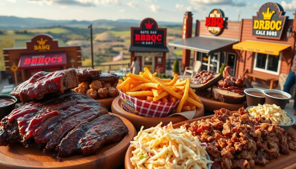 A vibrant scene showcasing the diverse offerings of popular BBQ chains. In the foreground, succulent ribs, juicy brisket, and mouthwatering pulled pork are arranged on rustic wooden platters, accompanied by tangy sauces and fresh coleslaw. The middle ground features the iconic facades of renowned BBQ establishments, their neon signs and rustic decor capturing the authentic, down-to-earth ambiance. The background is a panoramic vista of rolling hills and lush green landscapes, hinting at the regional influences that shape these beloved BBQ traditions. Warm, golden lighting casts a inviting glow, evoking the welcoming atmosphere of these beloved dining destinations. A feast for the senses, capturing the essence of America's cherished BBQ culture.