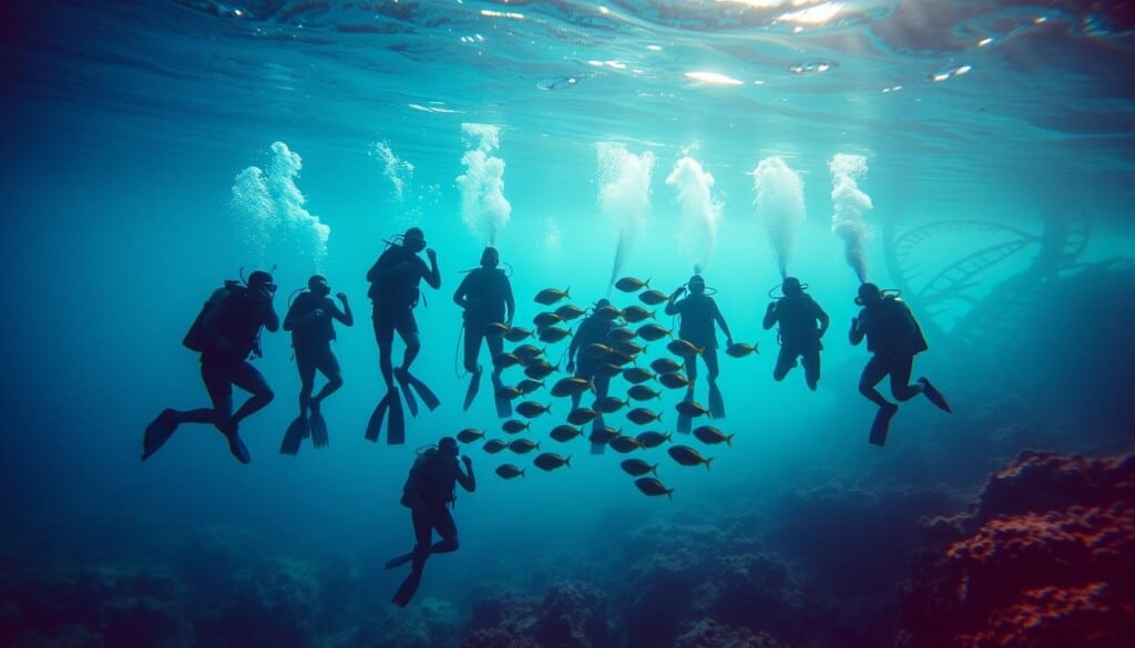 A vibrant scuba diving community congregates beneath the waves, their silhouettes dancing through shimmering sunlight. In the foreground, a group of divers explore a vibrant coral reef, their maneuverable fins propelling them gracefully through the aquamarine depths. In the middle ground, a school of tropical fish weaves between the divers, creating a mesmerizing underwater ballet. In the background, a kelp forest sways gently, its fronds casting dappled shadows upon the scene. The overall mood is one of wonder, adventure, and a deep connection to the marine world. A wide-angle lens and soft, diffused lighting capture the camaraderie and sense of exploration that defines the scuba diving community.