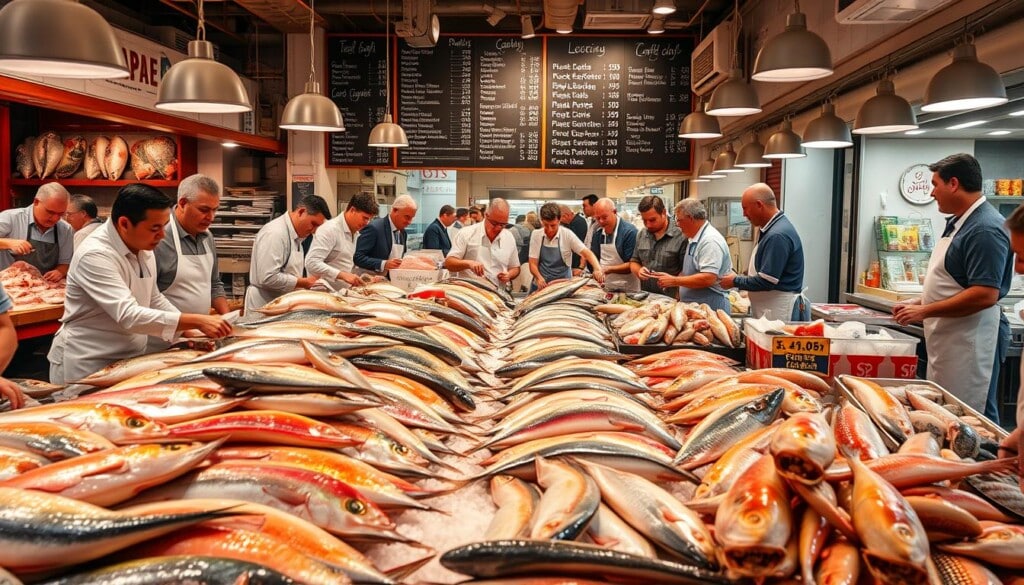 A vibrant seafood market, bustling with activity. Rows of freshly caught fish and shellfish displayed on ice-filled stalls, their scales glistening under warm lighting. Fishmongers in crisp aprons calling out prices, haggling with eager customers. In the background, a chalkboard menu listing the day's catch, prices scrawled in chalk. The air is filled with the salty aroma of the sea and the sound of metal scales clanking as vendors weigh each order. A sense of energy and urgency permeates the scene, highlighting the difference between the hustle and bustle of a local seafood market and the more sterile atmosphere of a supermarket.