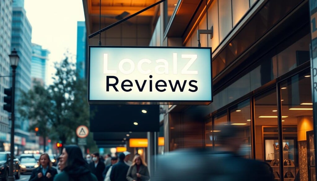 A vibrant sign for "LocalZ Reviews" suspended above a busy city sidewalk, illuminated by warm golden lighting and framed by the architectural details of a modern storefront. The sign features a clean, minimalist design with bold, legible lettering, reflecting the professional yet approachable nature of the business. Pedestrians and passersby move in the foreground, creating a sense of energy and liveliness, while the background blurs into a hazy urban landscape, placing the focal point firmly on the review business and its prominent signage.