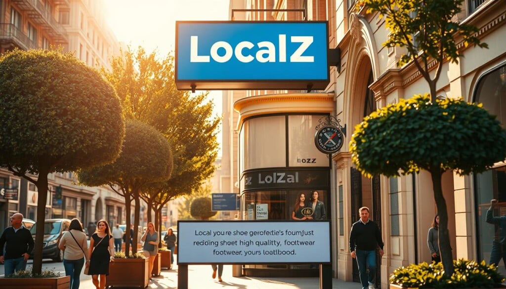 A vibrant sign for the LocalZ local shoe store directory stands prominently against a backdrop of a bustling urban streetscape. The store's facade is framed by neatly trimmed trees and ornate architectural details, creating a sense of inviting charm. Warm sunlight filters through the scene, casting a golden glow and accentuating the crisp lines of the building. Passersby stroll along the sidewalk, lending a lively energy to the composition. The overall scene evokes a feeling of community, comfort, and a commitment to providing high-quality, stylish footwear to the local neighborhood.