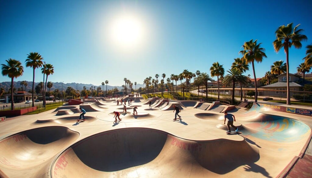 A vibrant skate park nestled amidst the sun-drenched landscapes of California. In the foreground, skilled skaters carve through colorful concrete bowls, their boards cutting graceful lines against the blue sky. The middle ground features intricate ramps, rails, and half-pipes, inviting adventurous riders to showcase their gravity-defying tricks. In the background, iconic palm trees sway gently, complementing the lively atmosphere. The scene is bathed in warm, golden light, captured through a wide-angle lens that amplifies the dynamic energy of the park. This image exudes the thrill and excitement of California's best skate destinations, ready to inspire and captivate.