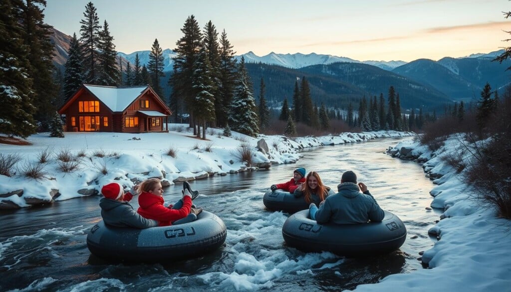 A vibrant, snowy landscape with a winding river cascading through rolling hills. In the foreground, a group of friends joyfully tubing down the river, bundled in warm winter attire. Midground features a picturesque cabin nestled among towering pine trees, its windows aglow with the cozy warmth within. The background showcases a breathtaking mountainous horizon, bathed in a golden sunset glow. Soft, diffused lighting creates a magical, atmospheric ambiance, highlighting the carefree spirit of the seasonal tubing adventure.