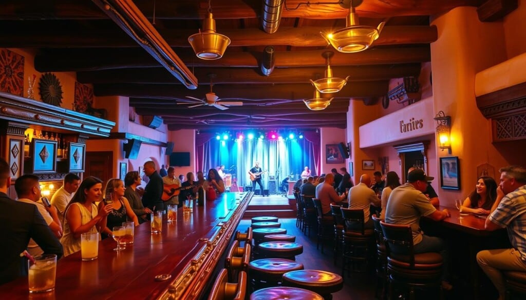 A vibrant southwestern bar scene, bathed in warm, golden lighting. In the foreground, a long wooden bar with intricate carvings and brass fixtures, surrounded by rustic stools. Patrons sip craft cocktails and chat animatedly. In the middle ground, a stage showcases a live band playing lively, rhythmic tunes, their instruments glinting under the stage lights. The background features adobe-style architecture, with exposed ceiling beams and colorful textiles adorning the walls, creating an authentic, regional ambiance. The overall atmosphere is one of relaxed sophistication, where the spirit of the Southwest mingles with a modern, energetic bar culture.