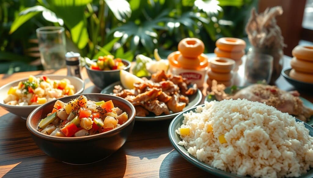 A vibrant spread of authentic Hawaiian dishes arranged on a wooden table, bathed in warm, natural light. In the foreground, a steaming bowl of poke, the traditional raw fish salad, garnished with sesame seeds and sliced avocado. Alongside, a plate of tender, slow-roasted kalua pork, shredded and paired with a side of fragrant white rice. In the middle ground, a colorful array of Hawaiian staples, including a vibrant pineapple salsa, a creamy coconut-based haupia dessert, and a stack of crispy, golden-brown malasadas, the beloved Portuguese-influenced doughnuts. The background features lush, verdant tropical foliage, hinting at the islands' bountiful natural ingredients. The overall scene evokes the rich, flavorful essence of Hawaiian cuisine and the welcoming, relaxed ambiance of the islands.