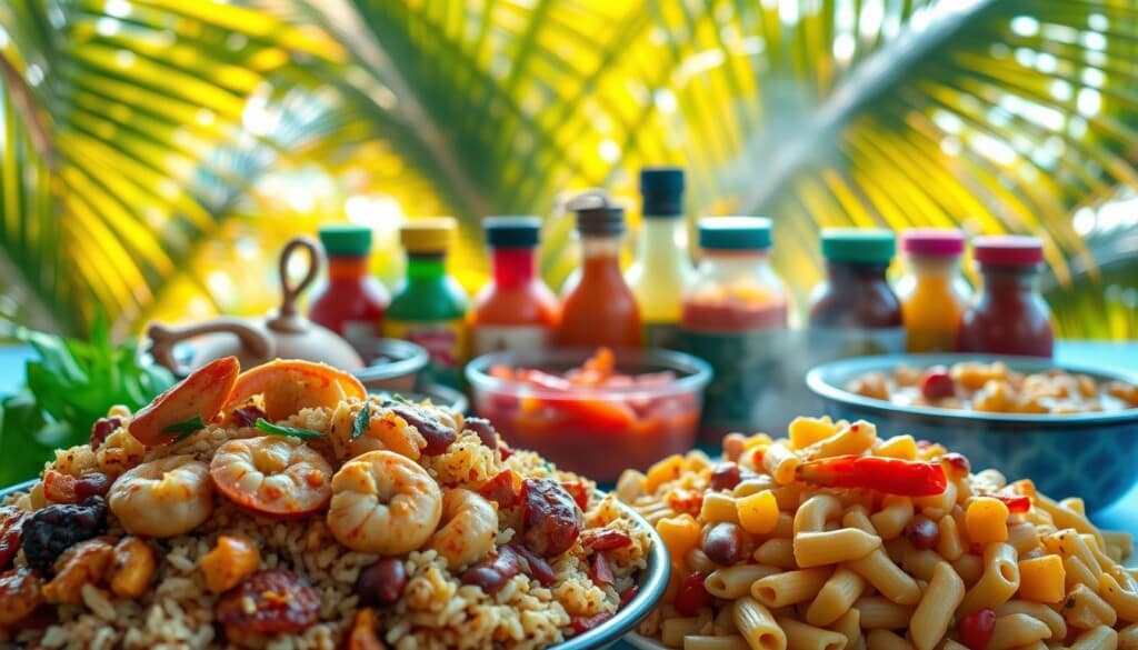 A vibrant spread of popular Haitian dishes, artfully arranged against a warm, sunlit backdrop. In the foreground, a platter of fragrant rice and beans, its flavorful stew adorned with tender pieces of chicken, shrimp, and simmered vegetables. Beside it, a steaming portion of hearty Haitian-style macaroni and cheese, its creamy texture punctuated by the savory notes of Scotch bonnet peppers. In the middle ground, a selection of bold, colorful sauces and condiments, each adding its unique flair to the ensemble. The background features a vibrant, tropical scene, with lush palm fronds swaying gently in the soft, golden light, evoking the inviting atmosphere of a Haitian kitchen or bustling street market.