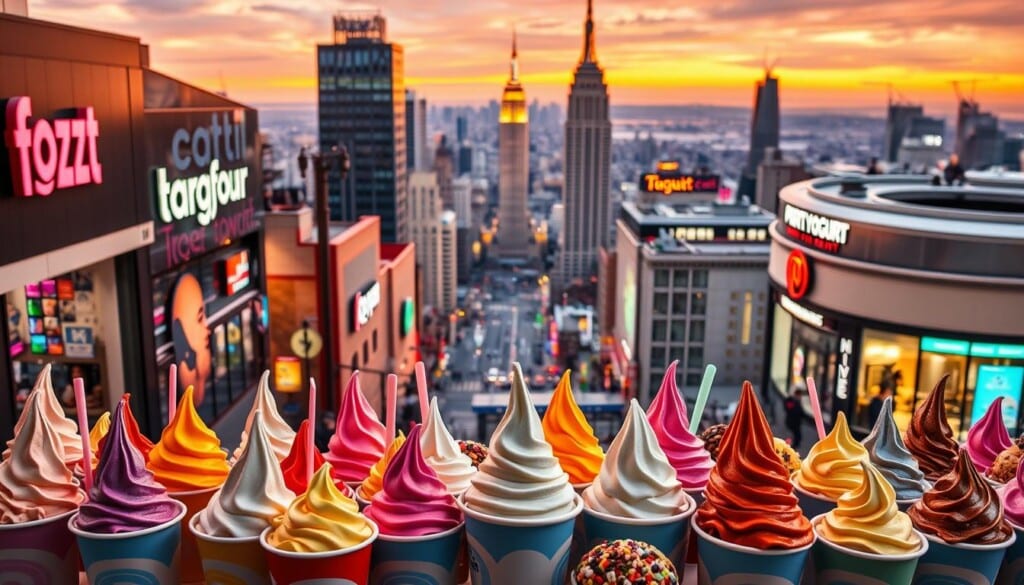 A vibrant spread of the most popular frozen yogurt chains across the United States, captured under warm, inviting lighting. In the foreground, an array of colorful frozen yogurt cups and toppings, artfully arranged to showcase the variety of flavors and customization options. In the middle ground, sleek, modern facades of renowned frozen yogurt establishments, each with their distinct branding and design. The background features a panoramic view of bustling city streets and landmarks, hinting at the nationwide presence of these beloved dessert destinations. The overall scene emanates a sense of indulgence, community, and the joy of discovering new, delectable frozen treats.