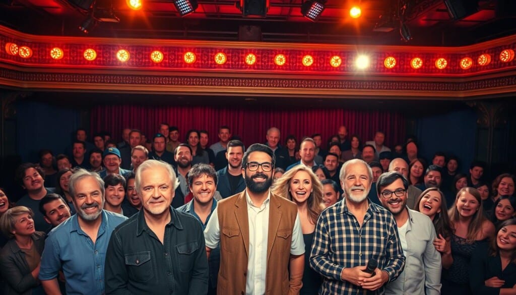 A vibrant stage illuminated by warm, cinematic lighting, showcasing a diverse ensemble of notable comedians. In the foreground, a trio of charismatic performers command the spotlight, their expressive faces and dynamic gestures captivating the audience. The middle ground features a mix of seasoned veterans and rising stars, each with a unique comedic style and persona. In the background, a bustling crowd of spectators, their faces alight with laughter and delight, creating an atmosphere of infectious mirth. The composition is framed with a touch of artistic flair, lending a sense of energy and energy to the scene.