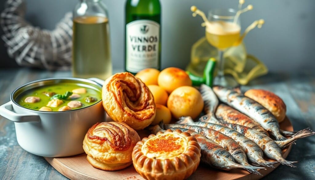 A vibrant still life arrangement showcasing an assortment of must-try Portuguese dishes. In the foreground, a steaming pot of hearty caldo verde soup, its rich green broth and chunks of linguiça sausage glistening. Alongside, a crisp, golden-fried pastry, the iconic pastéis de nata, with its flaky crust and creamy custard center. In the middle ground, a platter of tender grilled sardines, their skin sizzled to perfection, accompanied by a mound of earthy, paprika-dusted batatas fritas. In the background, a splash of vinho verde wine, its pale hue and effervescent bubbles complementing the savory flavors. Soft, natural lighting illuminates the scene, capturing the rustic charm and mouthwatering appeal of these quintessential Portuguese delights.