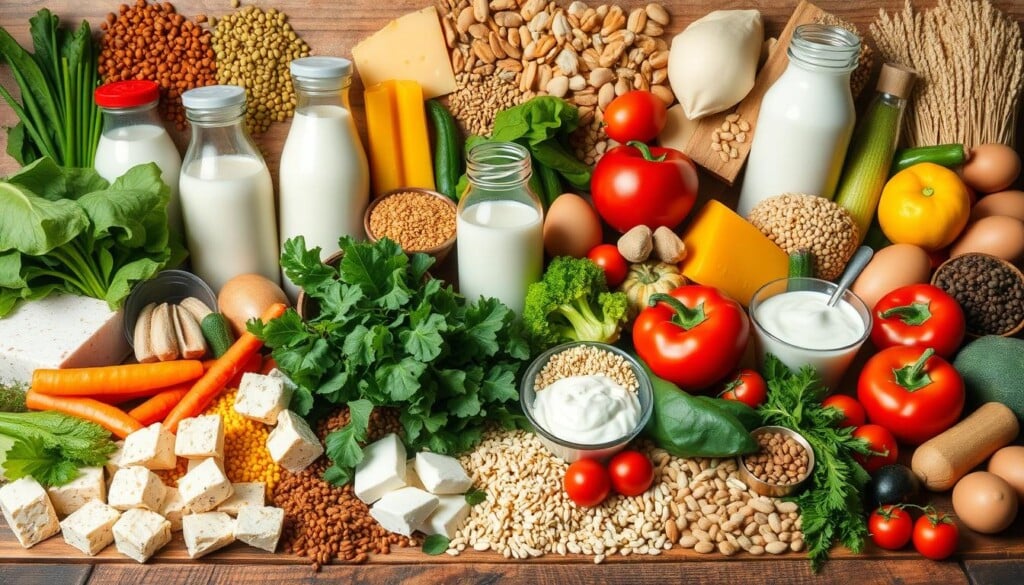 A vibrant still life featuring an assortment of vegan and vegetarian food items, meticulously arranged on a rustic wooden table. In the foreground, a selection of plant-based protein sources, such as tofu, lentils, and quinoa, alongside fresh, colorful vegetables, including leafy greens, bell peppers, and tomatoes. In the middle ground, an array of dairy-free alternatives, such as almond milk, cashew cheese, and soy yogurt, contrasted with their vegetarian counterparts, such as cow's milk, cheese, and eggs. The background showcases a variety of whole grains, seeds, and nuts, creating a visually appealing and balanced composition. The lighting is soft and natural, accentuating the vibrant colors and textures of the ingredients, while the camera angle is slightly elevated, providing a comprehensive view of the scene.