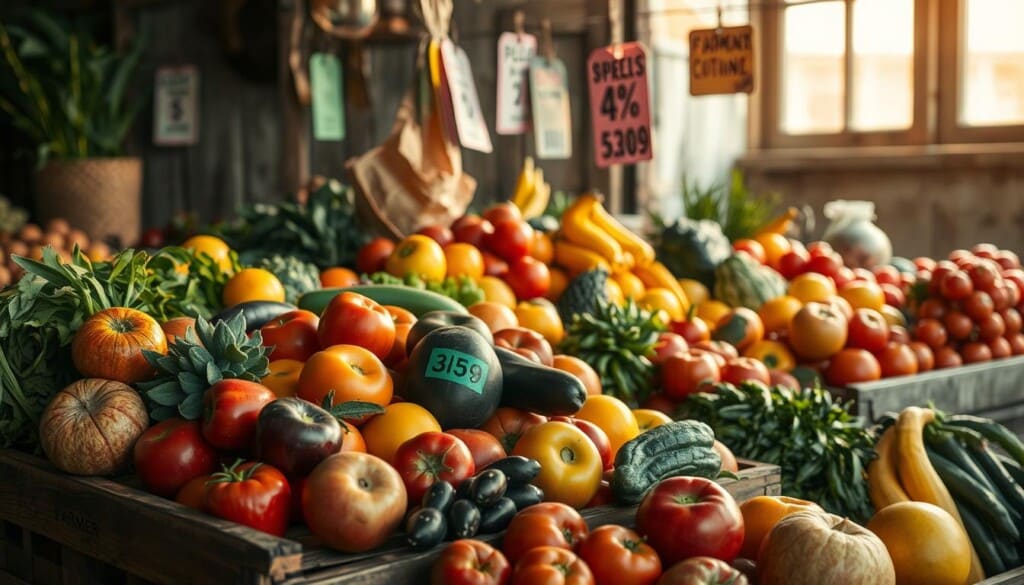 A vibrant still life scene showcasing an array of fresh produce and discounted items. In the foreground, a wooden crate overflows with an array of colorful fruits and vegetables, their ripe textures and hues accentuated by warm, diffused lighting from an unseen window. In the middle ground, various price tags and discount signs hang from the produce, communicating the special offers available. The background features the rustic, weathered wall of a farmer's market stall, adding a cozy, authentic atmosphere. The composition is balanced and visually striking, drawing the viewer's eye to the discounted produce and creating a sense of anticipation for the deals to be found.