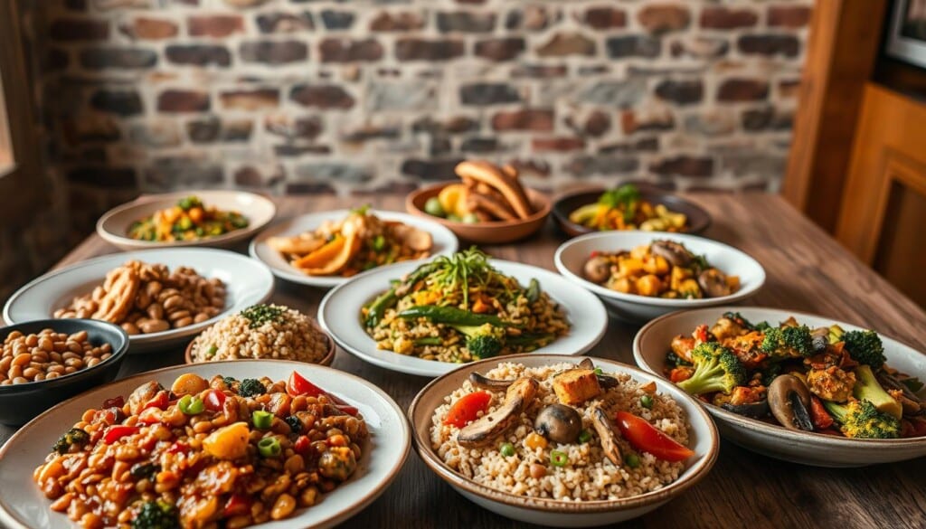 A vibrant still life showcasing a selection of signature vegetarian dishes from renowned restaurants across the USA. In the foreground, an array of mouthwatering plant-based creations - a hearty lentil and vegetable stew, a delicate mushroom risotto, a colorful quinoa and roasted vegetable medley. The middle ground features artfully plated entrees, such as a savory tofu and broccoli stir-fry and a flavorful vegetable curry, all presented on rustic wooden tables. In the background, a softly lit setting with natural textures, like exposed brick walls and wooden beams, creates a warm, inviting atmosphere. The lighting is soft and diffused, casting a gentle glow across the dishes and capturing their vibrant colors and textures. Captured with a wide-angle lens, the composition draws the viewer in, inviting them to savor the mouthwatering array of signature vegetarian specialties.
