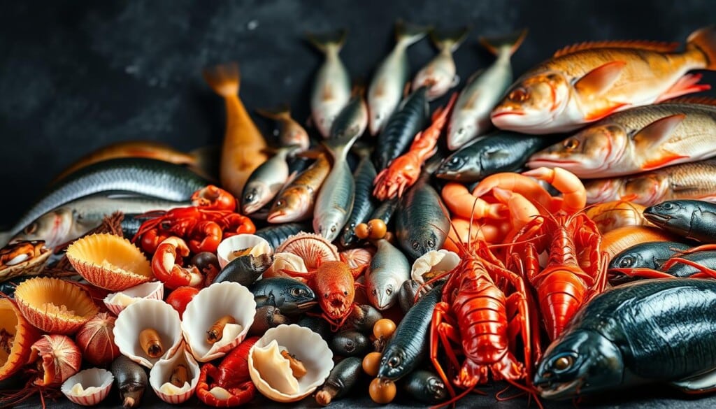 A vibrant still life showcasing an array of unique seafood products, captured in a bold, high-contrast lighting setup. In the foreground, a selection of exotic shellfish and crustaceans, their intricate textures and vibrant colors jumping off the frame. In the middle ground, a diverse assortment of lesser-known fish species, their iridescent scales and unusual silhouettes hinting at the culinary treasures waiting to be discovered. The background is a moody, textured backdrop, allowing the seafood to take center stage and command the viewer's attention. The overall scene conveys a sense of discovery, highlighting the abundance and diversity of unique offerings found in the best seafood markets.