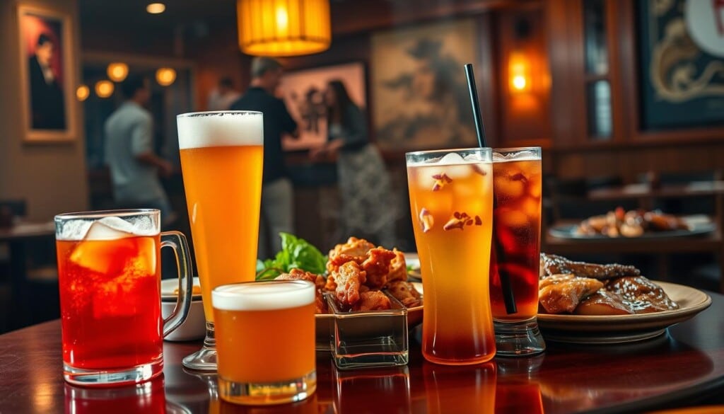 A vibrant still life showcasing an assortment of drinks perfectly paired with Szechuan cuisine. In the foreground, an array of beverages including a fiery red Szechuan-infused cocktail, a chilled mug of frothy craft beer, and a refreshing iced tea with fragrant jasmine flowers. In the middle ground, an array of Szechuan dishes - steaming hot mapo tofu, numbing sichuan peppercorn chicken, and sizzling pork belly. The background features a dimly lit, cozy restaurant setting with wooden accents and warm ambient lighting, creating an intimate and inviting atmosphere. The composition is arranged with an eye for balance and contrast, highlighting the perfect synergy between the bold Szechuan flavors and the carefully selected drink pairings.