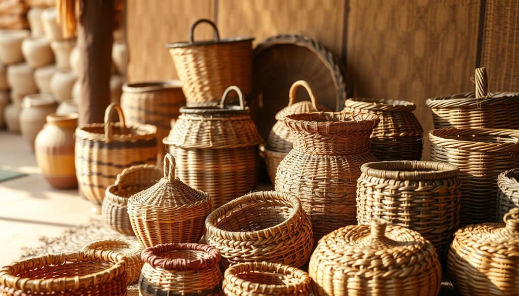 A vibrant still life showcasing the cultural significance of baskets. In the foreground, an artfully arranged display of woven baskets in various shapes, sizes, and textures, showcasing the intricate craftsmanship and attention to detail. The middle ground features a warm, natural lighting that casts gentle shadows, highlighting the unique patterns and colors of the baskets. In the background, a blurred, earthy backdrop evokes a sense of traditional, rural settings where these baskets have been crafted for generations, reflecting the deep-rooted cultural heritage they represent. The overall composition conveys the timeless beauty, functionality, and symbolic importance of these humble, yet essential, woven masterpieces.