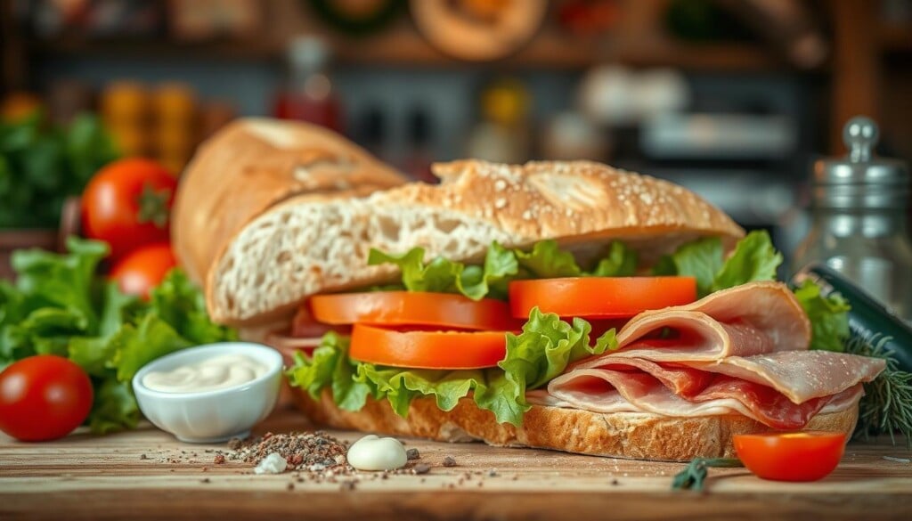 A vibrant still life showcasing the fresh, locally-sourced ingredients for a delightful sandwich. In the foreground, warm artisanal bread, crisp lettuce leaves, juicy tomatoes, and perfectly sliced deli meats are arranged with care. The middle ground features a sprinkle of seasoning, a drizzle of creamy condiment, and a scatter of aromatic herbs. The background is softly blurred, hinting at the cozy deli setting, with a warm, natural lighting that illuminates the ingredients. The overall composition evokes a sense of quality, craftsmanship, and the celebration of local, seasonal produce.