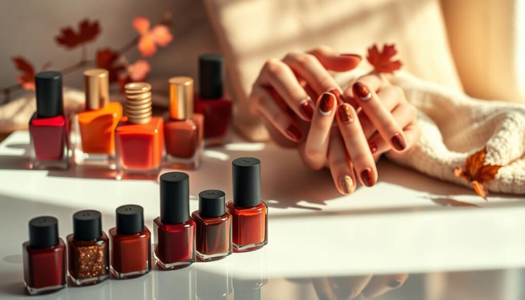 A vibrant still life showcasing the latest seasonal nail trends, captured under soft, natural lighting. In the foreground, an array of nail polish bottles in a harmonious palette of autumnal hues - deep reds, oranges, and earthy browns. Meticulously arranged, they cast delicate shadows on the smooth, reflective surface below. In the middle ground, a set of elegantly manicured hands, each nail adorned with a different seasonal design - intricate leaf patterns, textured gradients, and subtle metallic accents. The background features a cozy, inviting atmosphere, with a soft, blurred focus on muted, warm-toned textures that complement the overall aesthetic.