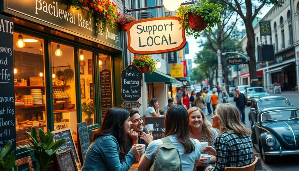 A vibrant storefront in a bustling local community, adorned with handwritten signs and chalkboard menus showcasing the culinary delights within. Warm lighting casts a cozy glow, inviting passersby to step inside and discover the flavors that make this establishment a cherished hidden gem. The façade is decorated with colorful potted plants, hanging baskets, and a handcrafted "Support Local" sign that stands as a testament to the community's dedication to local businesses. In the foreground, a group of friends laughs and converses over steaming cups of coffee, while the background reveals the lively street scene, bustling with pedestrians and the occasional vintage car. The overall atmosphere exudes a sense of warmth, togetherness, and a celebration of the unique character that defines this local eatery.