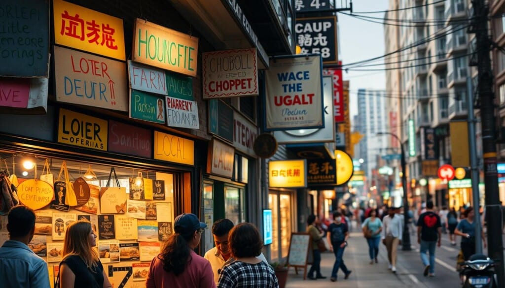 A vibrant storefront in a bustling urban neighborhood, adorned with colorful handmade signs and posters highlighting the diversity of local business offerings. Warm, diffused lighting illuminates the scene, creating a welcoming atmosphere. In the foreground, a group of people engage in friendly conversation, supporting the local community. The middle ground features a variety of storefronts, each with its own distinct character and charm. In the background, a bustling street scene with pedestrians and vehicles, conveying the energy and liveliness of the local area. The overall impression is one of a thriving, authentic, and community-oriented environment that celebrates the unique character of the neighborhood.