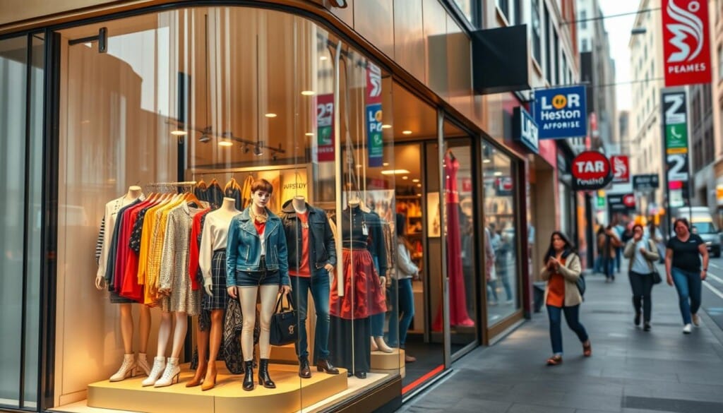 A vibrant storefront on a bustling city street, showcasing a variety of affordable fashion pieces. In the foreground, a dynamic window display featuring colorful, trendy clothing, accessories, and mannequins posing in casual, stylish outfits. The middle ground depicts the store's exterior, with a warm, inviting ambiance created by soft lighting and a minimalist, modern design. In the background, a lively urban scene unfolds, with pedestrians strolling past, creating a sense of a thriving local shopping district. The overall mood is one of accessibility, creativity, and the excitement of discovering unique, budget-friendly fashion options.