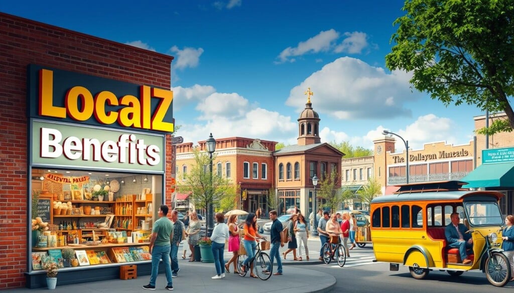 A vibrant storefront with large "LocalZ Benefits" signage in a warm, welcoming font. The facade features brick exterior and large windows showcasing a diverse array of products. In the foreground, a thriving community of local artisans, small business owners, and shoppers engage in lively discussions. The middle ground depicts a bustling street scene with pedestrians, bicycles, and a vintage town car. The background sets the scene with a picturesque main street, historic architecture, and a blue sky with fluffy clouds. The lighting is soft and natural, creating a sense of community and local pride.