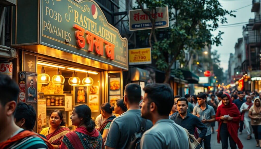 A vibrant street scene in a bustling Bangladeshi-American neighborhood, with the aroma of sizzling spices and the sounds of lively chatter filling the air. In the foreground, a group of people eagerly waiting in line outside a popular Bangladeshi restaurant, their faces aglow with anticipation. The middle ground showcases the restaurant's colorful facade, adorned with intricate designs and a prominent sign that reflects the growing popularity of this cuisine. In the background, a diverse crowd of locals and visitors strolls by, drawn to the enticing aromas and the energy of this thriving cultural hub. Soft, warm lighting casts a welcoming glow, capturing the essence of the rise of Bangladeshi food in America.