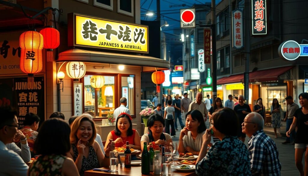 A vibrant street scene in a bustling Japanese-American community, with local residents gathered around a beloved family-owned sushi restaurant. The foreground features a group of diverse patrons enthusiastically dining al fresco, their expressions conveying a sense of camaraderie and appreciation for the authentic cuisine. In the middle ground, the restaurant's facade is adorned with traditional Japanese lanterns and signage, casting a warm, inviting glow. The background showcases the lively energy of the neighborhood, with pedestrians strolling by and the faint silhouettes of other local businesses. The scene is bathed in a soft, ambient lighting that creates a cozy, intimate atmosphere, highlighting the community's rallying support for preserving its cultural heritage through the success of this local Japanese food establishment.