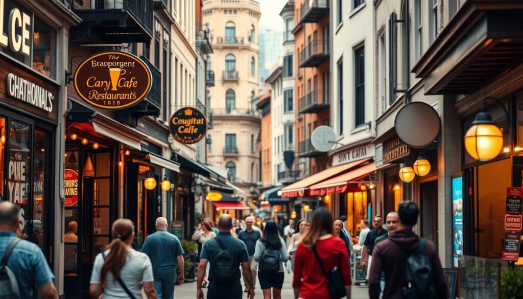 A vibrant street scene in a bustling city neighborhood, capturing the essence of discovering local culinary gems. In the foreground, people stroll past inviting storefronts, their gazes drawn to the warm glow of cozy cafes and authentic eateries. The middle ground features a diverse array of enticing signage and window displays, hinting at the flavors and atmospheres within. In the background, a blend of historic architecture and modern accents sets the stage, evoking a sense of charm and discovery. Soft, golden lighting casts a welcoming ambiance, while a slight blur effect emphasizes the focus on the local restaurants themselves. The overall composition conveys the excitement and delight of uncovering hidden culinary delights within a thriving community.