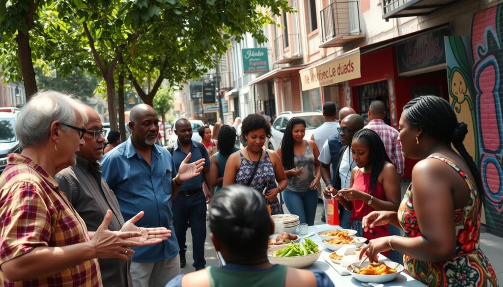 A vibrant street scene in a bustling urban neighborhood, sunlight filtering through lush greenery. In the foreground, a group of local food experts animatedly discuss recipes and ingredients, their hands gesturing with passion. In the middle ground, community members gather around a table, sampling homemade Haitian dishes and sharing lively conversation. In the background, storefronts and murals reflect the vibrant culture, people strolling by, connecting and engaging. The atmosphere is one of warmth, collaboration, and a shared love of authentic cuisine that brings this diverse community together.