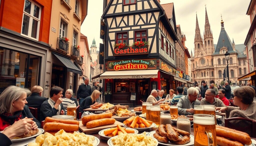 A vibrant street scene in a major German city, showcasing the diverse culinary delights of traditional German cuisine. In the foreground, a bustling outdoor cafe features patrons enjoying hearty plates of bratwurst, sauerkraut, and potato salad, with stein-filled tables creating a lively ambiance. In the middle ground, the facade of a renowned local gasthaus stands tall, its timeless architecture and neon sign inviting passersby to step inside and savor the flavors of classic dishes like schnitzel and roasted pork knuckle. The background is dotted with iconic landmarks, such as a historic cathedral or town square, setting the scene of a quintessential German cityscape. Warm, golden lighting casts a cozy glow over the entire scene, capturing the spirit of German culinary tradition in an urban setting.