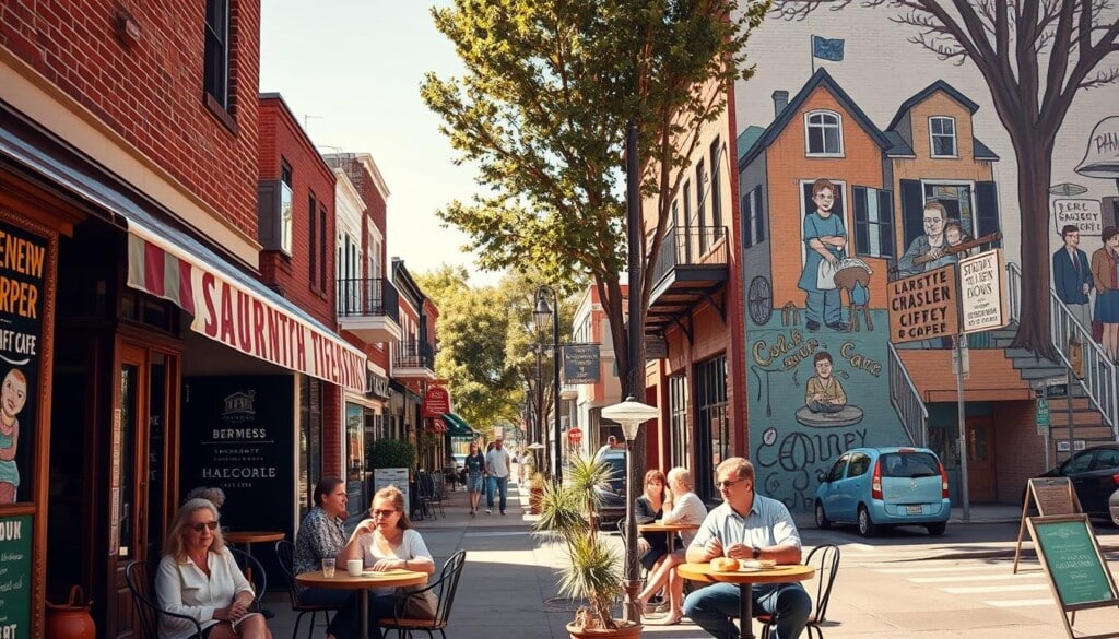A vibrant street scene showcasing a thriving local community. In the foreground, a group of people gather outside a cozy neighborhood cafe, enjoying their morning coffee and pastries. The middle ground features a mix of independent shops and community organizations, their storefront windows displaying an array of locally-sourced goods and services. In the background, a mural adorns the side of a building, depicting scenes of everyday life in the area. Warm, natural lighting bathes the scene, creating a welcoming and inviting atmosphere. The overall composition conveys a sense of local pride, connectivity, and the importance of supporting small businesses and community initiatives.